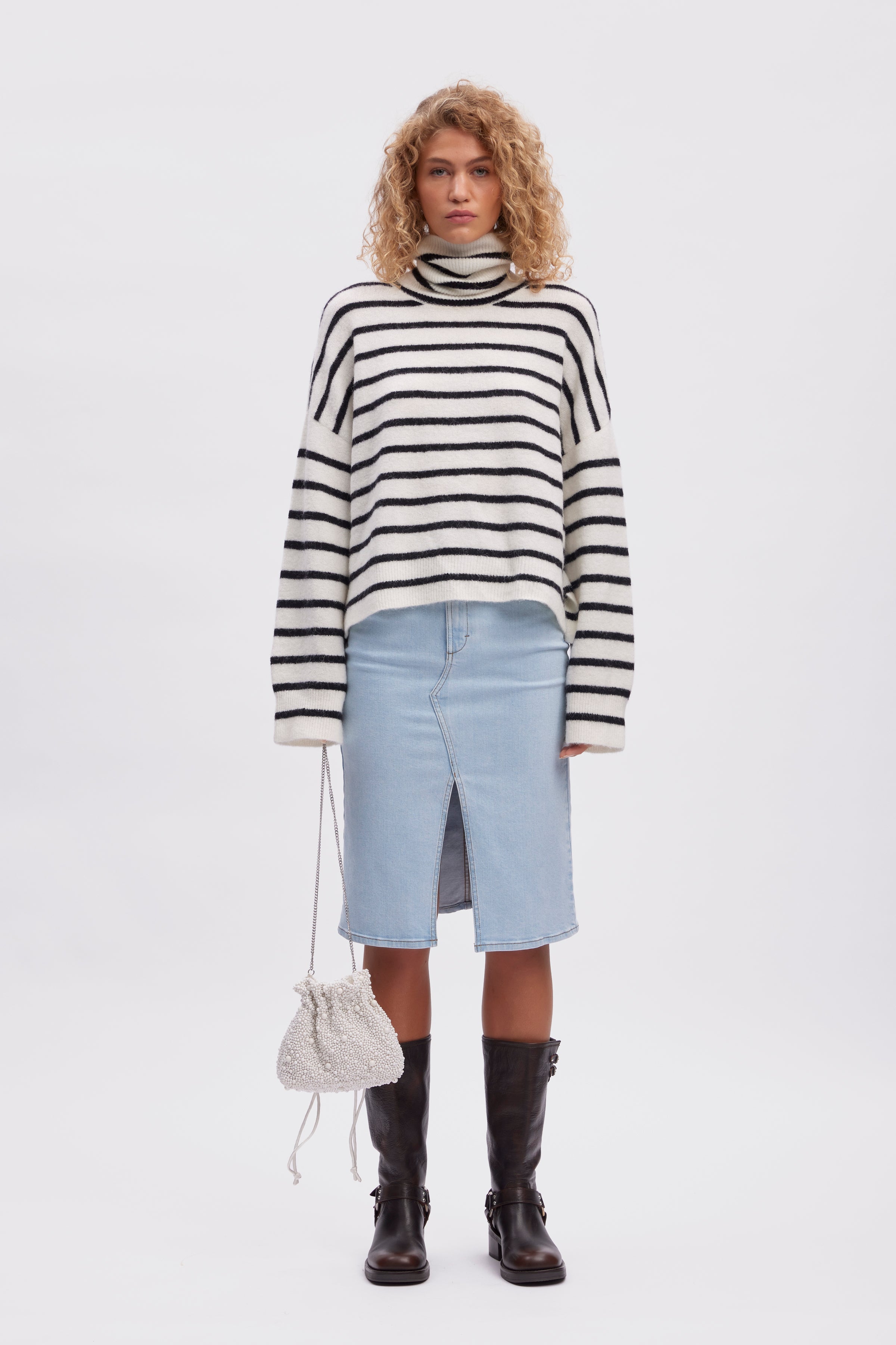 AlphaGZ striped rullekrave uldstriktrøje - Ivory Black Striped